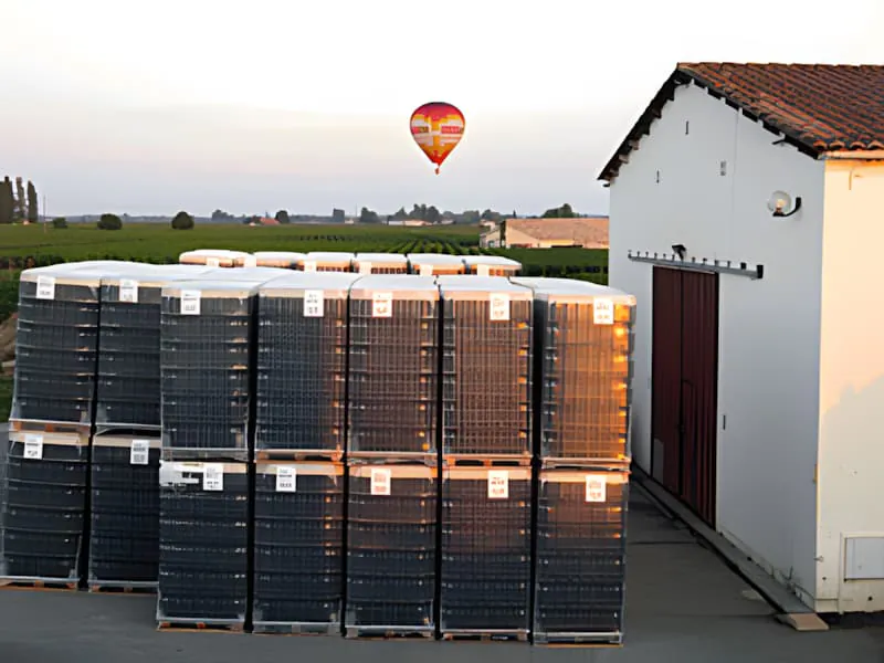 Piles de bouteilles de vin à l'extérieur du chai au Château Plaisance avec une montgolfière colorée visible dans le ciel en arrière-plan.
