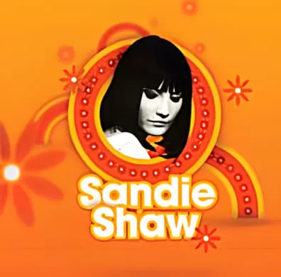 A retro-style promotional poster featuring Sandie Shaw's portrait within an orange circular design with decorative elements.